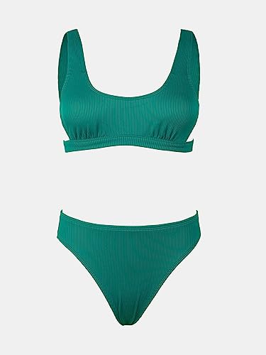 CUPSHE Women Swimsuit Bikini Set Two Piece Ribbed Texture Side Cutout Tank Top Mid Rise Bathing Suit