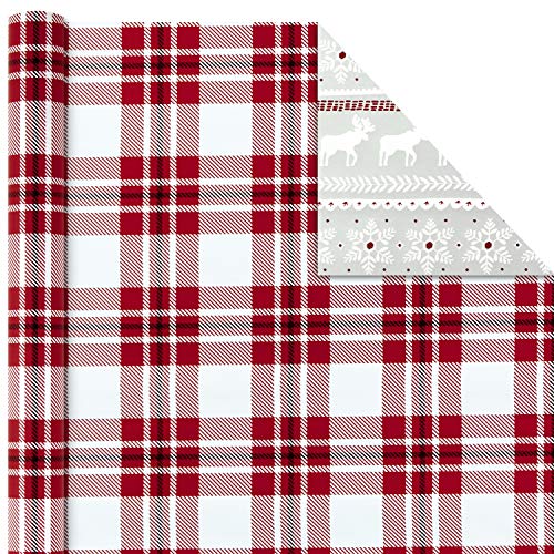 Hallmark Holiday Wrapping Paper Rolls - Rustic Christmas Gift Wrap Paper (Set of 3 Reversible Rolls: 120 sq. ft. ttl.) Plaid, Barn, Red Truck, Moose, Woodland Scenes