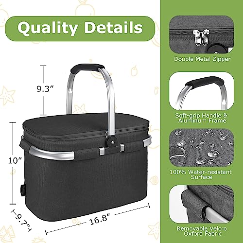 Tirrinia Large Insulated Picnic Basket, 34L Water Resistant & Leakproof Collapsible Portable Cooler Basket Set with Aluminium Handle for Travel, with a Free Foldable Grocery Bag, Black