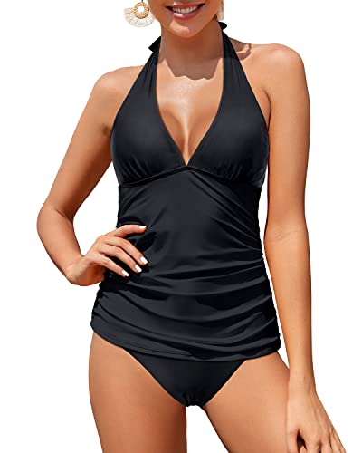 Holipick Two Piece Tankini Swimsuits for Women Tummy Control Bathing Suits Sexy V Neck Halter Tankini Top with Bikini Bottom