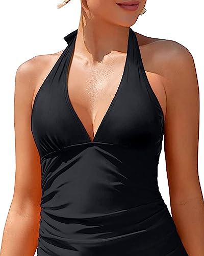 Holipick Two Piece Tankini Swimsuits for Women Tummy Control Bathing Suits Sexy V Neck Halter Tankini Top with Bikini Bottom