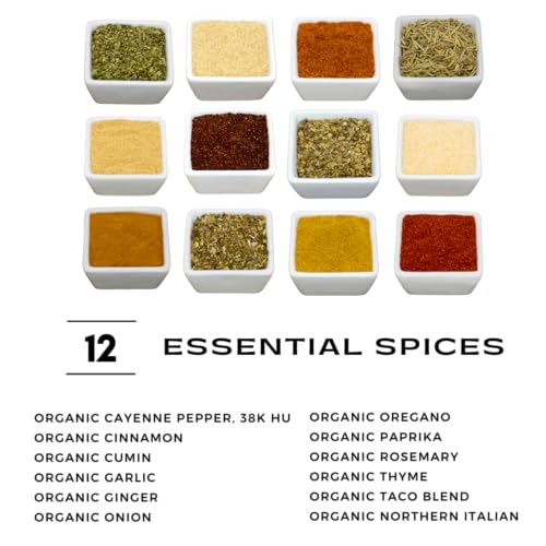 Organic Spice Starter Set includes 12 Organic Spices: Cayenne | Cinnamon | Cumin | Garlic | Ginger | Italian Seasoning | Onion | Oregano | Paprika | Rosemary | Taco Blend | Thyme