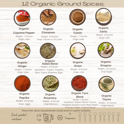 Organic Spice Starter Set includes 12 Organic Spices: Cayenne | Cinnamon | Cumin | Garlic | Ginger | Italian Seasoning | Onion | Oregano | Paprika | Rosemary | Taco Blend | Thyme