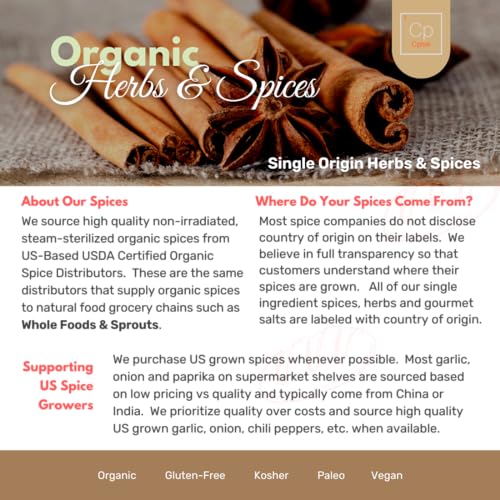 Organic Spice Starter Set includes 12 Organic Spices: Cayenne | Cinnamon | Cumin | Garlic | Ginger | Italian Seasoning | Onion | Oregano | Paprika | Rosemary | Taco Blend | Thyme