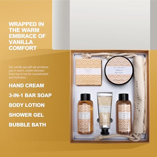 Spa Luxetique Spa Gifts For Women 6pc Vanilla Gifts Set For Women With Body Lotion, Shower Gel, Bubble Bath, Hand Cream, Bath and Body Gifts Set, Birthday Gifts for Women, Spa Set Self Care kit