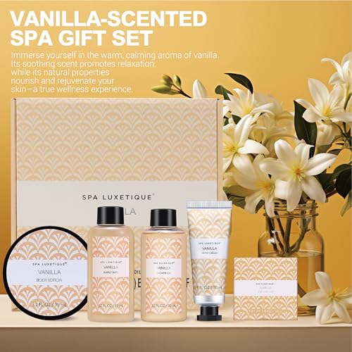 Spa Luxetique Spa Gifts For Women 6pc Vanilla Gifts Set For Women With Body Lotion, Shower Gel, Bubble Bath, Hand Cream, Bath and Body Gifts Set, Birthday Gifts for Women, Spa Set Self Care kit