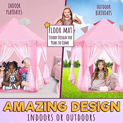 ORIAN Princess Castle Playhouse Tent for Girls with LED Star Lights – Indoor & Outdoor Large Kids Play Tent for Imaginative Games – ASTM Certified, 230 Polyester Taffeta. Pink 55"x53".