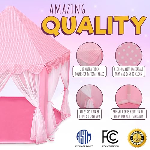 ORIAN Princess Castle Playhouse Tent for Girls with LED Star Lights – Indoor & Outdoor Large Kids Play Tent for Imaginative Games – ASTM Certified, 230 Polyester Taffeta. Pink 55"x53".