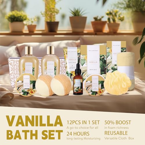 Spa Gift Baskets for Women, Spa Luxetique Spa Gifts for Women, Birthday Gifts for Women, 12pc Vanilla Bath Gift Set, Self Care Gifts for Women, Spa Kit for Women, Mothers Day Gifts