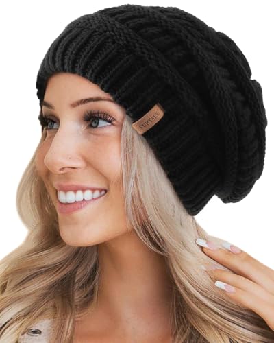 FURTALK Winter Hats for Women Fleece Lined Knit Beanie Hats Slouchy Warm Beanies Ski Skull Cap Black