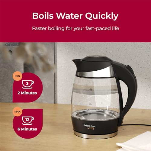 Mueller Ultra Kettle: Model No. M99S 1500W Electric Kettle with SpeedBoil Tech, 1.8 Liter Cordless with LED Light, Borosilicate Glass, Auto Shut-Off and Boil-Dry Protection