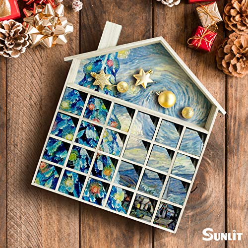 Sunlit Christmas Wooden Advent Calendar with Drawers, Unfinished Wooden, House Shaped Countdown Calendar Ready to Decorate and Personalize | Craft Storage Box | DIY Guru and Crafters