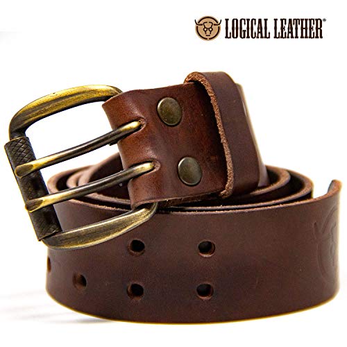 Logical Leather Men's Work Belt - Heavy Duty Genuine Full Grain Leather Double Prong Belts - Brown 38