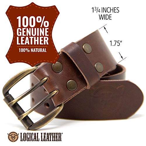 Logical Leather Men's Work Belt - Heavy Duty Genuine Full Grain Leather Double Prong Belts - Brown 38