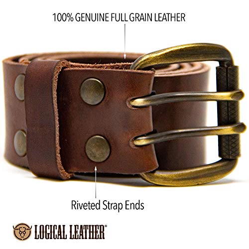 Logical Leather Men's Work Belt - Heavy Duty Genuine Full Grain Leather Double Prong Belts - Brown 38