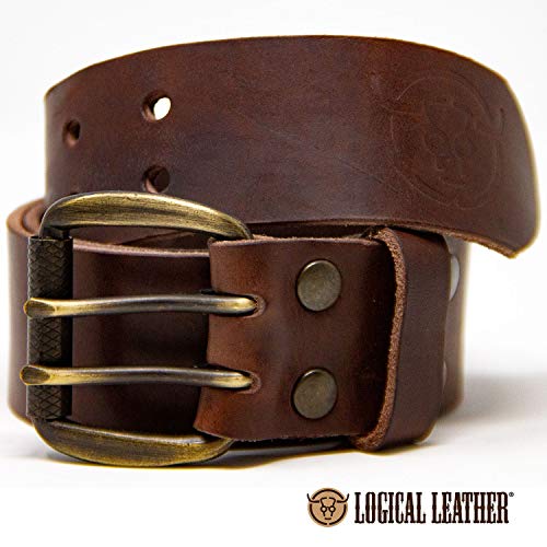 Logical Leather Men's Work Belt - Heavy Duty Genuine Full Grain Leather Double Prong Belts - Brown 38