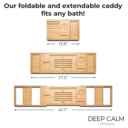 Deep Calm Bathtub Tray Caddy - Bamboo Foldable Bath Tub Table, Expandable Bath Tray Holds All Bathtub Accessories, Perfect Luxury Relaxing Gift for Self Care