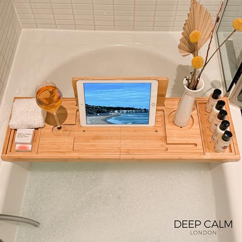 Deep Calm Bathtub Tray Caddy - Bamboo Foldable Bath Tub Table, Expandable Bath Tray Holds All Bathtub Accessories, Perfect Luxury Relaxing Gift for Self Care