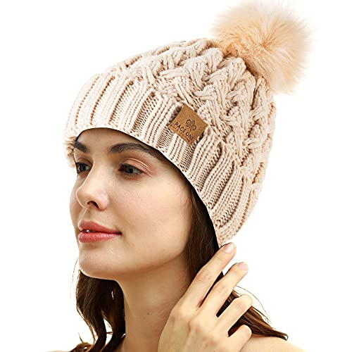 PAGE ONE Womens Winter Ribbed Beanie Crossed Cap Chunky Cable Knit Pompom Soft Warm Hat Beige