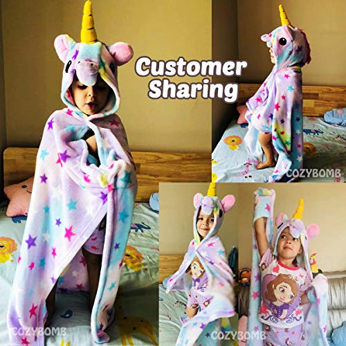 CozyBomB Unicorn Gifts for Girls Wearable Fleece Soft Throw Blanket for Kids - Cute Hooded Plush Bathrobe Cozy Wrap with Hood Sleep Age 3 4 5 6 Year Old Star