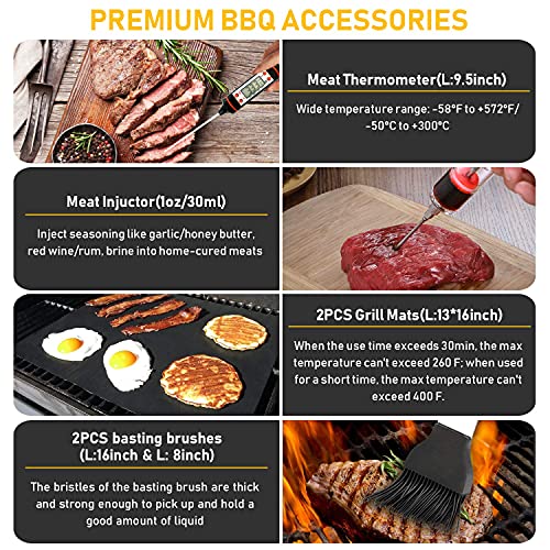 34Pcs BBQ Grill Accessories Tools Set, 16 Inches Stainless Steel Grilling Tools with Carry Bag, Thermometer, Grill Mats for Camping/Backyard Barbecue, Grill Tools Set for Men Women