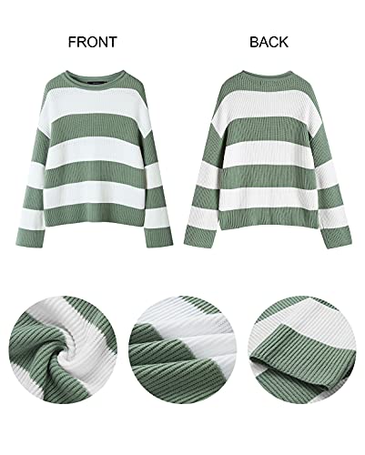 ZESICA Women's 2024 Fall Long Sleeve Crew Neck Striped Color Block Comfy Loose Oversized Knitted Pullover Sweater,Green,Medium