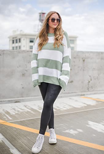 ZESICA Women's 2024 Fall Long Sleeve Crew Neck Striped Color Block Comfy Loose Oversized Knitted Pullover Sweater,Green,Medium