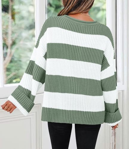 ZESICA Women's 2024 Fall Long Sleeve Crew Neck Striped Color Block Comfy Loose Oversized Knitted Pullover Sweater,Green,Medium