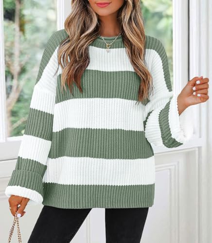 ZESICA Women's 2024 Fall Long Sleeve Crew Neck Striped Color Block Comfy Loose Oversized Knitted Pullover Sweater,Green,Medium