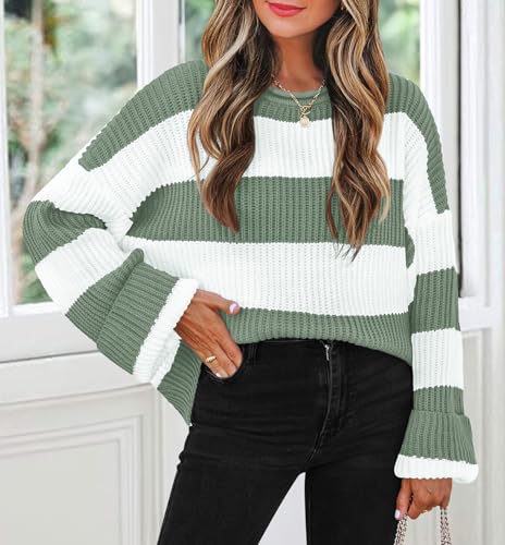 ZESICA Women's 2024 Fall Long Sleeve Crew Neck Striped Color Block Comfy Loose Oversized Knitted Pullover Sweater,Green,Medium