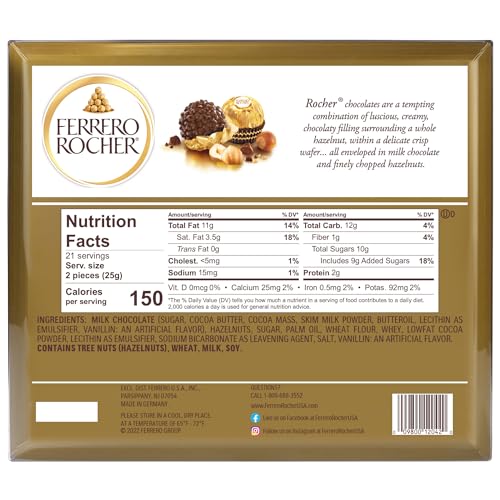 Ferrero Rocher, 42 Count, Premium Milk Chocolate Hazelnut, Chocolates for Gifting, 18.5 oz