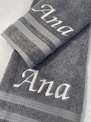 Liberty21 Luxury Embroidered Bath & Hand Towels, 100% Cotton. Custom Monogrammed Personalized Embroidered Towels. Set Includes 1 Bath Towel and 1 Hand Towel. (Grey)