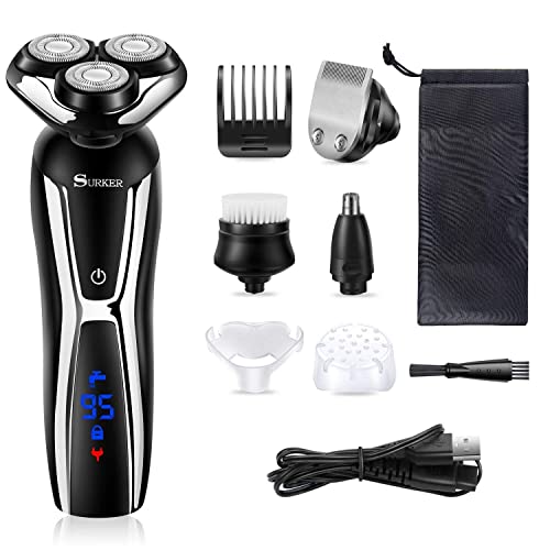 SURKER Electric Shaver Razor Cordless Beard Trimmer for Men Nose Hair Trimmer 3 in 1 Trimmer Grooming Kit Plus 1 Facial Cleansing Brush Waterproof USB Rechargeable Dry Wet