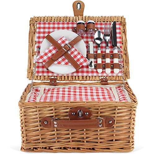 ZORMY Wicker Picnic Basket for 2 Person, Willow Hamper Basket Sets with Insulated Compartment, Handmade 2 Person Picnic Basket Classical Red Check with Utensils Cutlery Perfect for Picnic, Camping