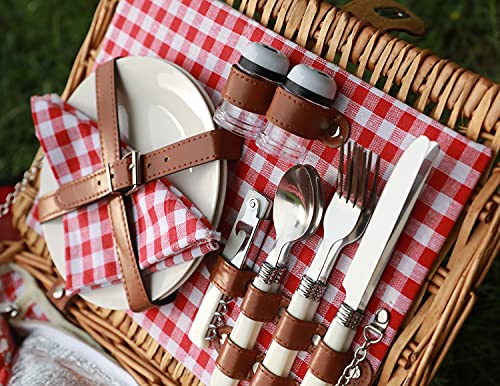 ZORMY Wicker Picnic Basket for 2 Person, Willow Hamper Basket Sets with Insulated Compartment, Handmade 2 Person Picnic Basket Classical Red Check with Utensils Cutlery Perfect for Picnic, Camping