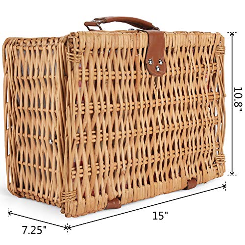 ZORMY Wicker Picnic Basket for 2 Person, Willow Hamper Basket Sets with Insulated Compartment, Handmade 2 Person Picnic Basket Classical Red Check with Utensils Cutlery Perfect for Picnic, Camping