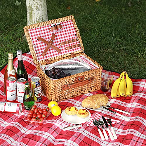 ZORMY Wicker Picnic Basket for 2 Person, Willow Hamper Basket Sets with Insulated Compartment, Handmade 2 Person Picnic Basket Classical Red Check with Utensils Cutlery Perfect for Picnic, Camping