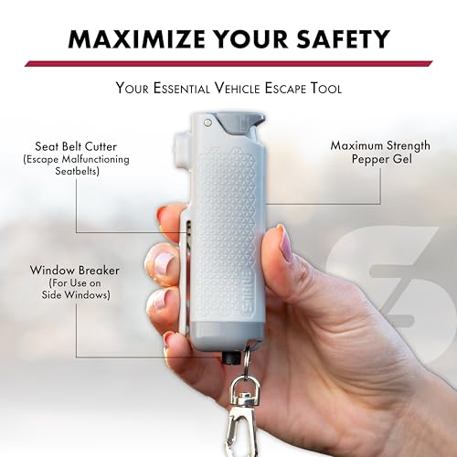 SABRE Safe Escape 3-In-1 Pepper Gel With Window Breaker Seat Belt Cutter, Maximum Strength Pepper Spray, Snap Clip Keychain for Easy Carry & Fast Access, Easy to Use Fast Flip Top Safety, 0.54 fl oz