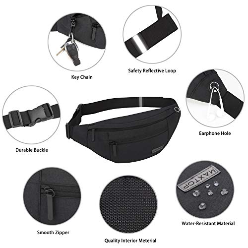 MAXTOP Large Crossbody Fanny Pack Belt Bag for Women Men with 4-Zipper Pockets Gifts for Sports Yoga Festival Workout Running Wallets Waist Pack Hands-Free Travel Essentials Fits All Phones,Black