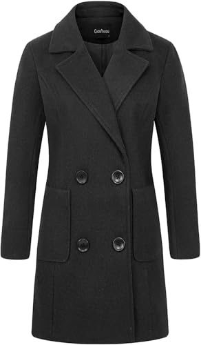 chouyatou Women Elegant Notched Collar Double Breasted Wool Blend Over Coat (Large, Black)