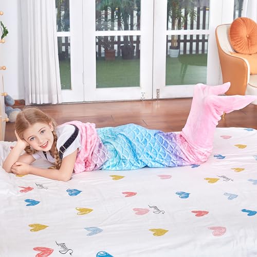 Catalonia Kids Mermaid Tail Blanket, Super Soft Plush Flannel Sleeping Snuggle Blanket for Girls, Rainbow Ombre, Birthday Gift for Daughter