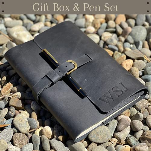 PERSONALIZED LEATHER JOURNAL GIFT SET for Men & Women, Initials on Premium Leather Cover, Metal Pen, Refillable A5 Lined Paper Notebook, Leather Bound Vintage Diary, Travel Journals, Graduation Gifts