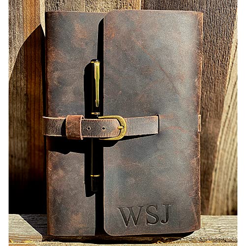 PERSONALIZED LEATHER JOURNAL GIFT SET for Men & Women, Initials on Premium Leather Cover, Metal Pen, Refillable A5 Lined Paper Notebook, Leather Bound Vintage Diary, Travel Journals, Graduation Gifts