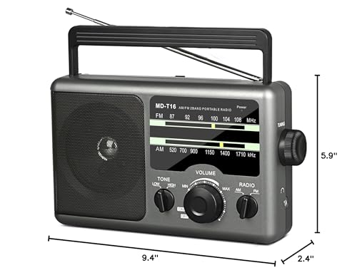 AM FM Portable Radio Battery Operated Radio by 4X D Cell Batteries Or AC Power Transistor Radio with and Big Speaker, Standard Earphone Jack, High/Low Tone Mode, Large Knob