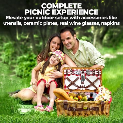 Luxury Picnic Basket for 4: Insulated Wicker Hamper with Plaid Blanket, Wine & Cheese Essentials, Waterproof Compartment, Classic White Willow Set for Outdoor, Beach, Camping, Vintage Couples Date Kit