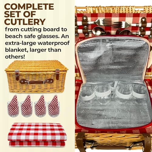 Luxury Picnic Basket for 4: Insulated Wicker Hamper with Plaid Blanket, Wine & Cheese Essentials, Waterproof Compartment, Classic White Willow Set for Outdoor, Beach, Camping, Vintage Couples Date Kit