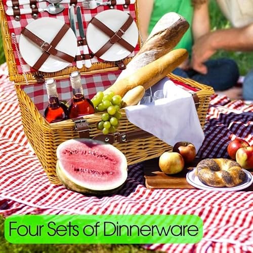 Luxury Picnic Basket for 4: Insulated Wicker Hamper with Plaid Blanket, Wine & Cheese Essentials, Waterproof Compartment, Classic White Willow Set for Outdoor, Beach, Camping, Vintage Couples Date Kit