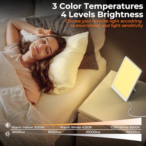 Fitfirst Light Therapy Lamp, 15000 Lux Simulated Sunlight, UV-Free LED Lamp with 3 Color Temperature & 4 Brightness Settings, Adjustable Timer, Foldable Stand for Home Office Travel