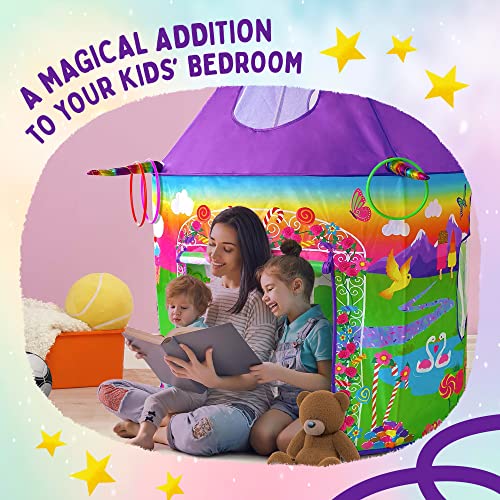 Playz Unicorn Toys Kids Play Tent for Girls with Unicorn Ring Toss, Candy Board Game, & Tic Tac Toe - Indoor & Outdoor Pop up Playhouse Set for Kids Birthday Party Favors & Gifts for Baby and Toddlers