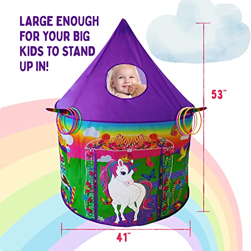 Playz Unicorn Toys Kids Play Tent for Girls with Unicorn Ring Toss, Candy Board Game, & Tic Tac Toe - Indoor & Outdoor Pop up Playhouse Set for Kids Birthday Party Favors & Gifts for Baby and Toddlers